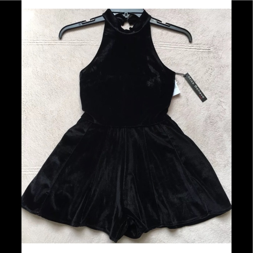 MISS BEHAVE Girls' Shorts Romper, Black Velour, Size 8 OR Size 16, NWT